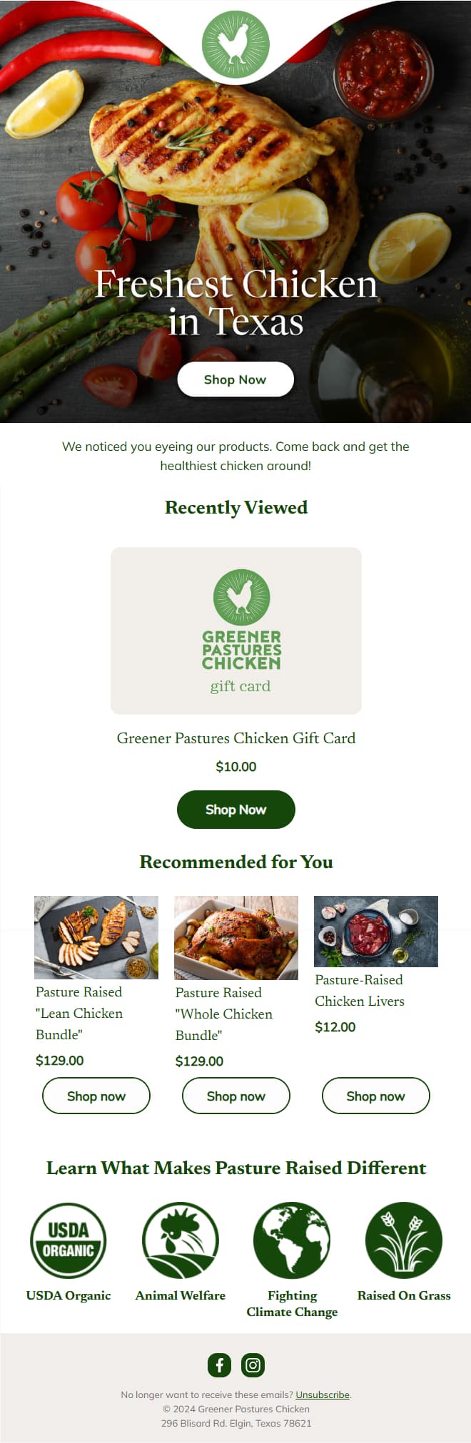 Greener Pastures Chicken email designs